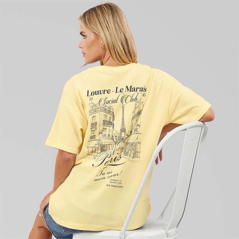 Brave Soul Womens Louvre T-Shirt Yellow/Blue Body/Print