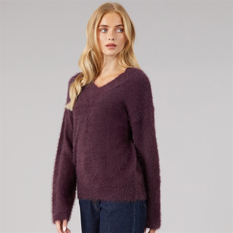 Brave Soul Womens Brent Fluffy V-Neck Jumper Plum