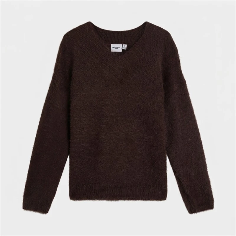 Brave Soul Womens Brent Fluffy V-Neck Jumper Bitter Chocolate