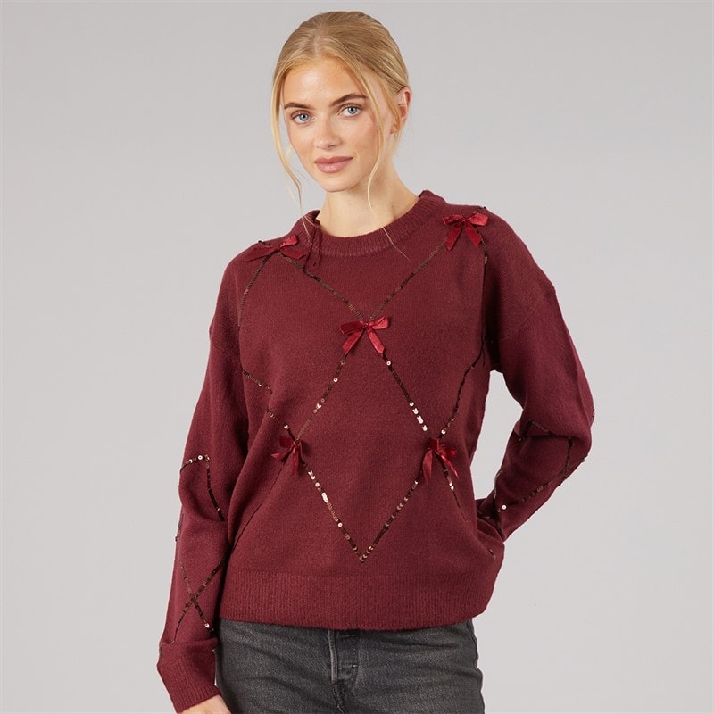Brave Soul Womens Sequin Crew Neck Jumper Cherry