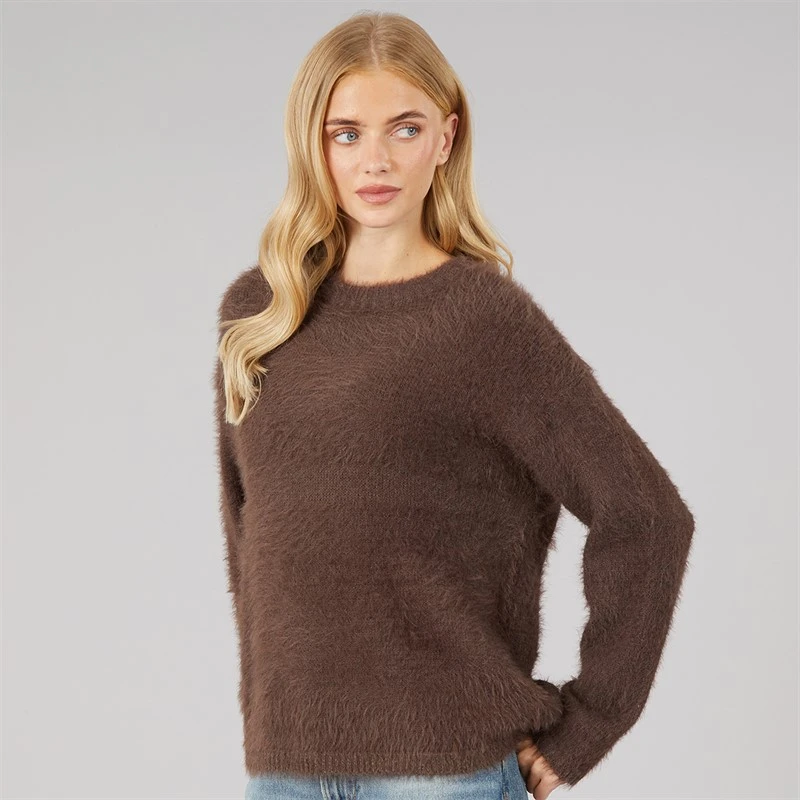Brave Soul Womens Gardena Fluffy Crew Neck Jumper Chocolate