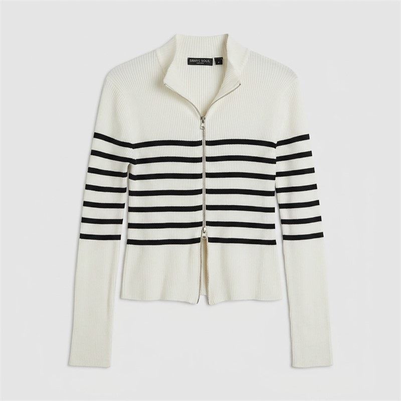 Brave Soul Womens Zip Through Stripe Cardigan White/Black