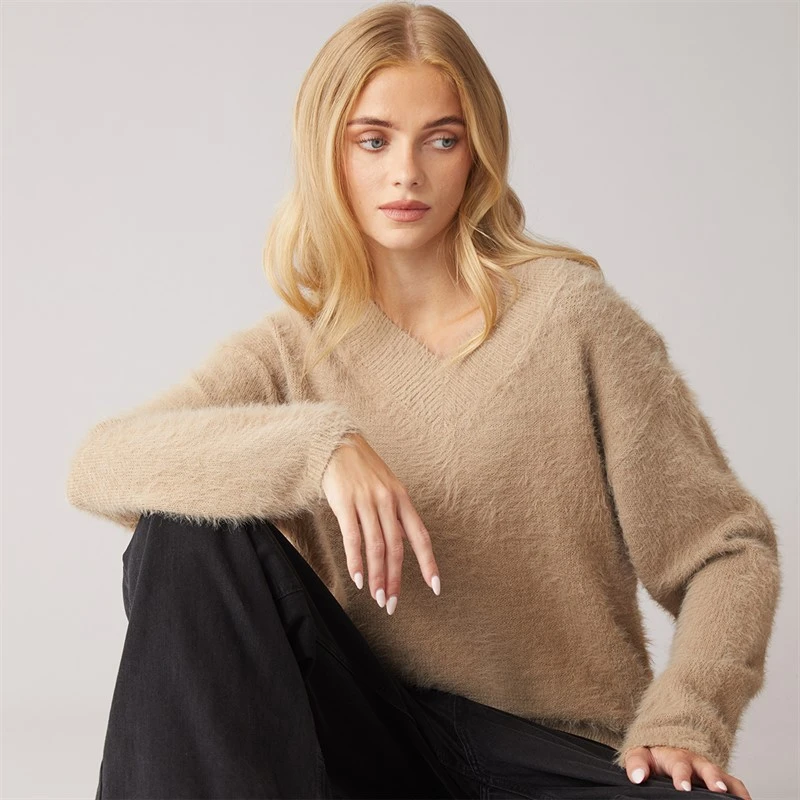 Brave Soul Womens Brent Fluffy V-Neck Jumper Mink