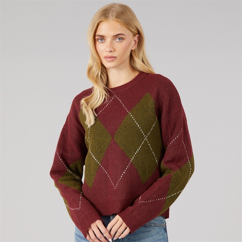 Brave Soul Womens Heritage Crew Neck Knitted Jumper Wine/Multi