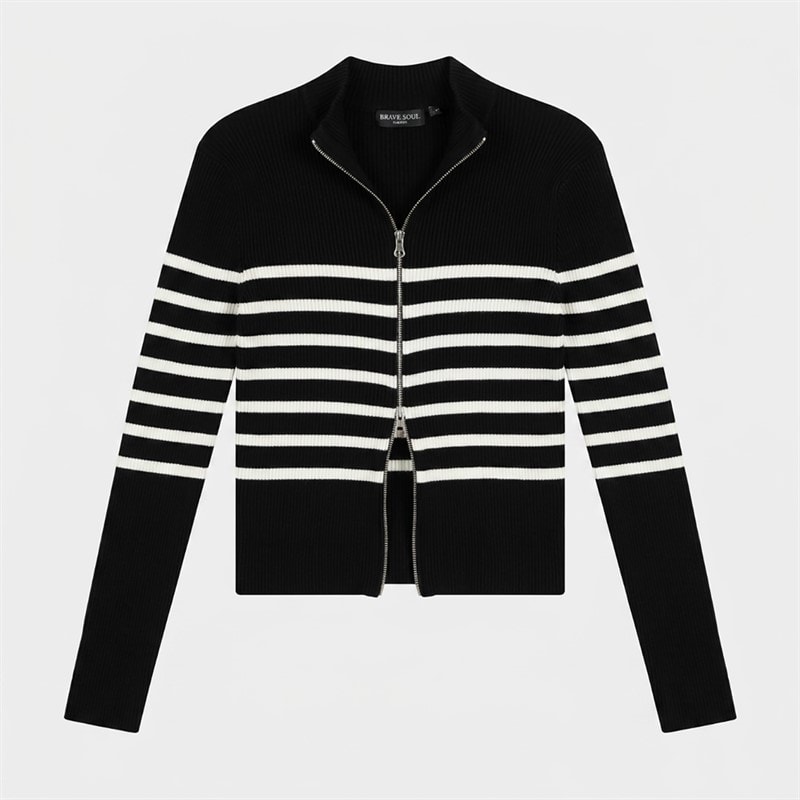 Brave Soul Womens Zip Through Stripe Cardigan Black/White