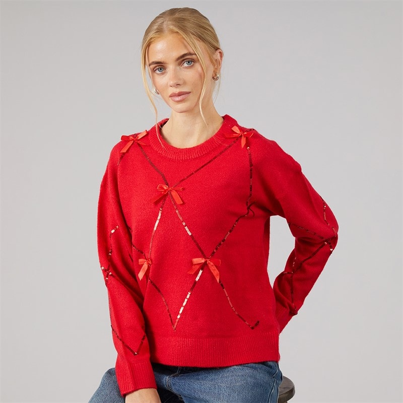 Brave Soul Womens Sequin Crew Neck Jumper Red