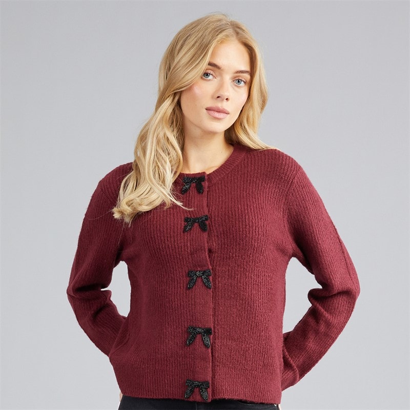 Brave Soul Womens Akly Sequin Bow Cardigan Wine