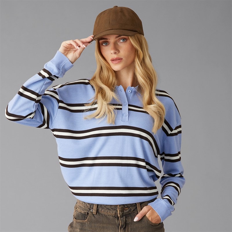 Brave Soul Womens Jerico Knitted Polo Shirt Light. Blue/Brown/Ivory