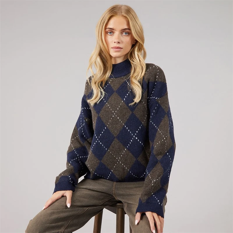 Brave Soul Womens Oxford Argyle Jumper Navy/Brown
