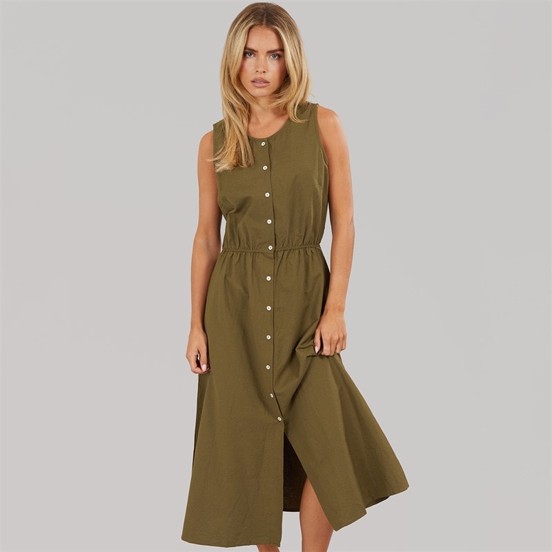 Brave Soul Womens Emy Button Down Midi Dress Khaki