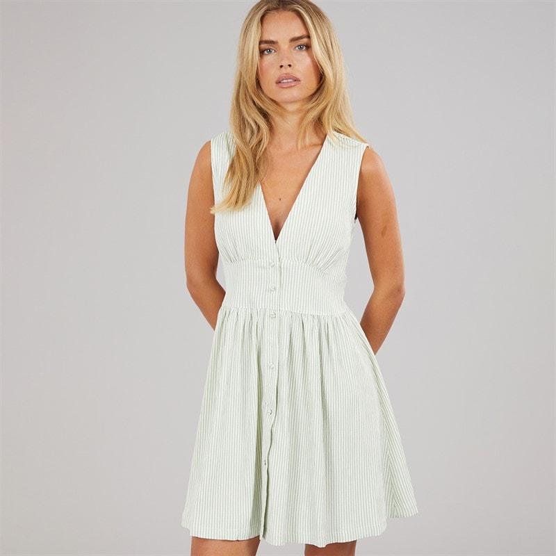 Brave Soul Womens Rhine V-Neck Mini Dress Green/Cream