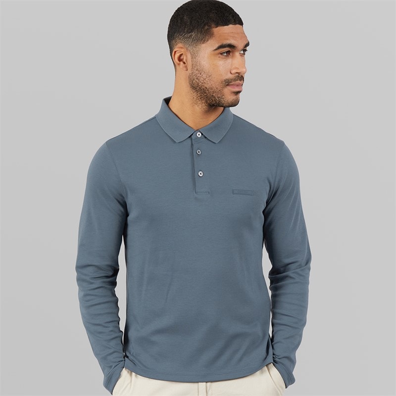 Calvin Klein Mens Long Sleeve Supima Logo Polo Shirt Dark Slate