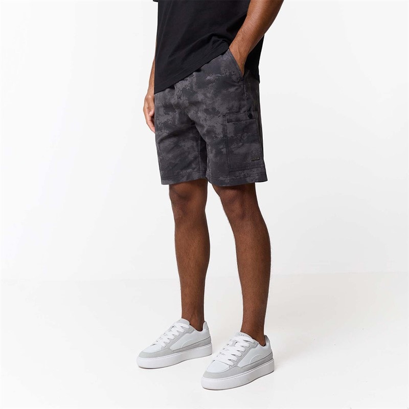 Closure London Mens Ripstop Camo Utility Cargo Shorts Black Camo