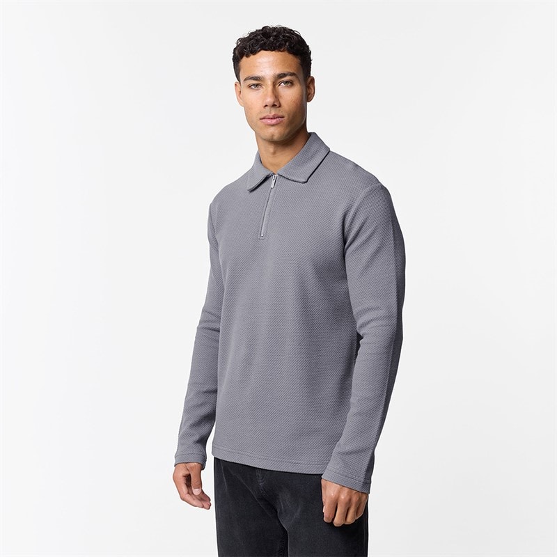 Closure London Mens Closure Quarter Zip Long Sleeve Polo Shirt Mid Grey