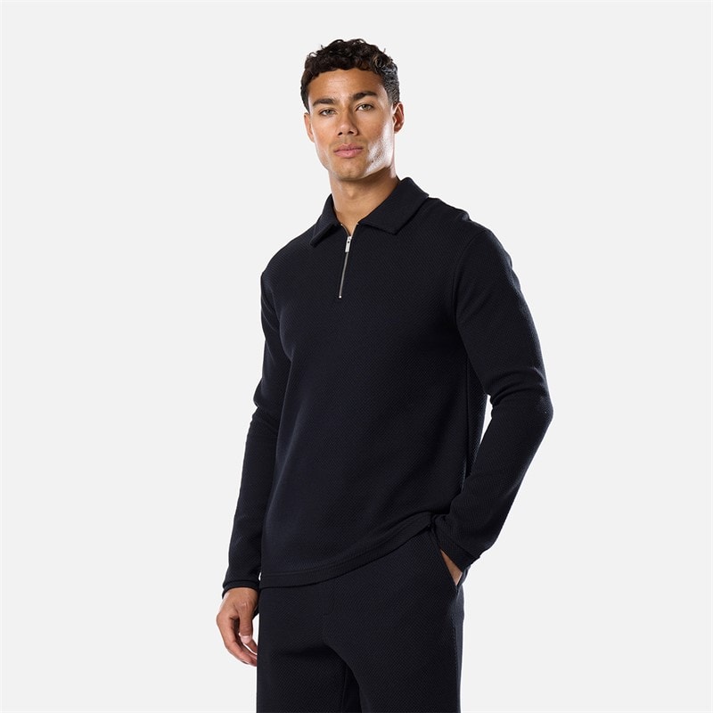 Closure London Mens Closure Quarter Zip Long Sleeve Polo Shirt Black