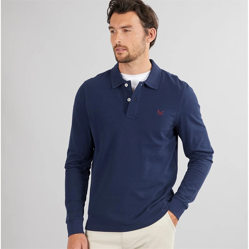 Crew Clothing Mens Long Sleeve Pique Polo Heritage Navy