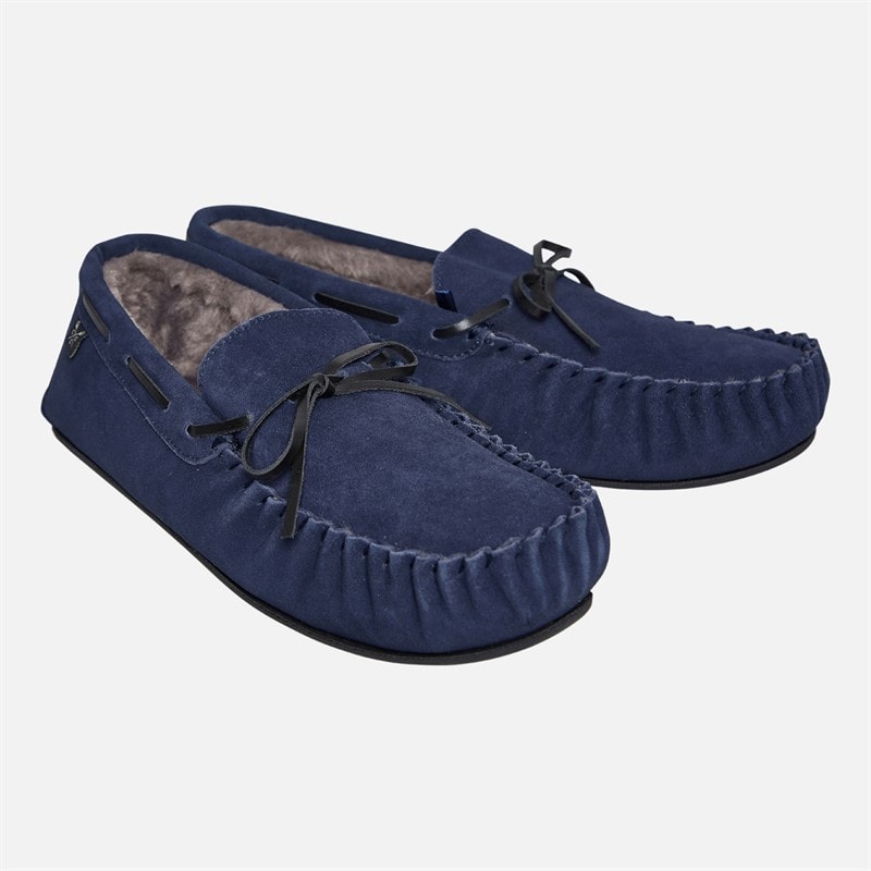 Crew Clothing Mens Lace Moccasin Suede Slippers Navy