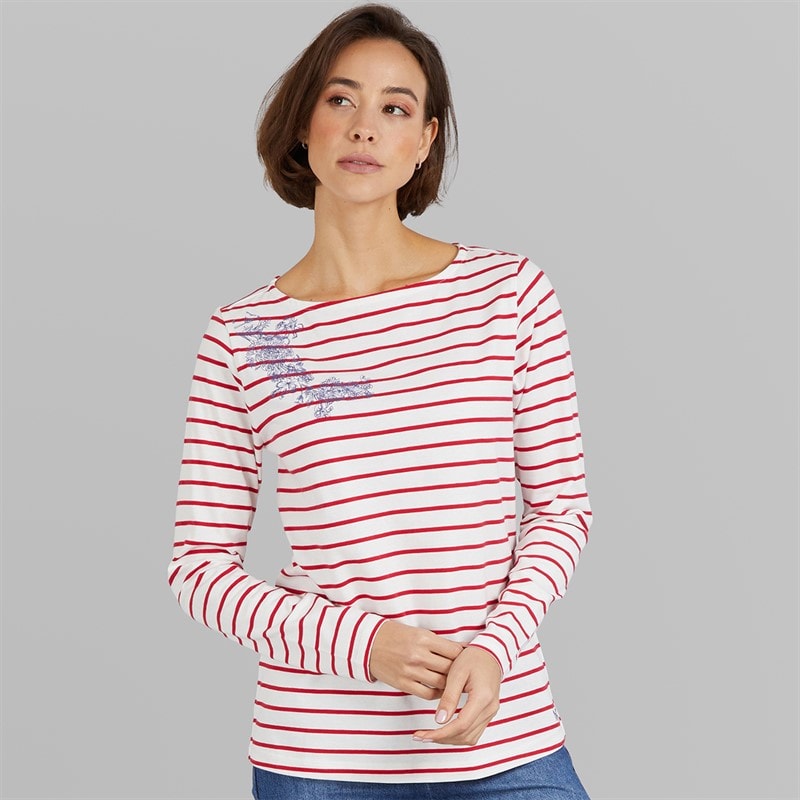 Crew Clothing Womens Breton Embroidered Top White Linen/Crimson White Linen / Crimson