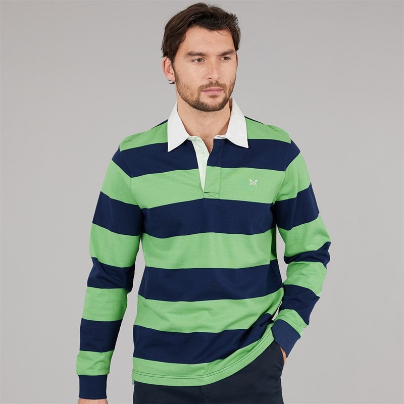 Crew Clothing Mens Heritage Stripe Rugby Shirt Pageant Blue/Light Green Grass