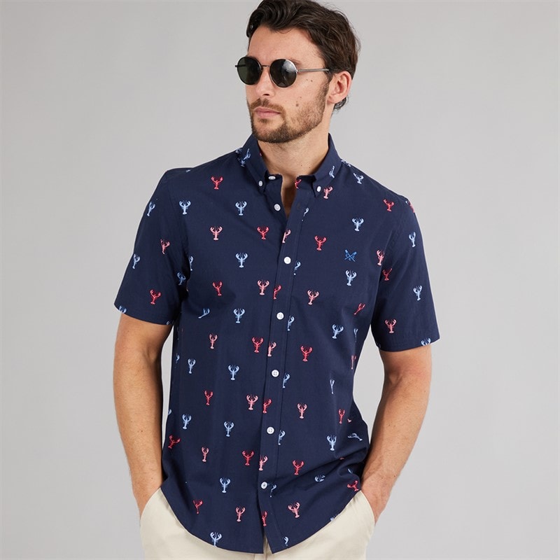 Crew Clothing Mens Short Sleeve Lobster Poplin Shirt Heritage Navy/Red