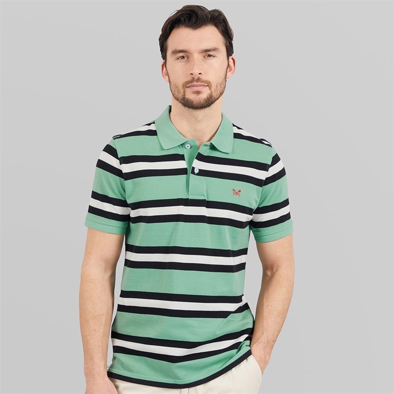 Crew Clothing Mens Stripe Polo Shirt Wasabi/Black/White Linen
