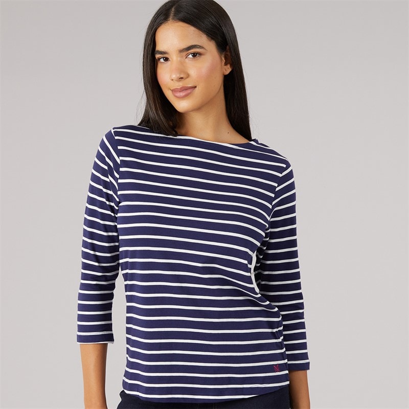 Crew Clothing Womens Long Sleeve Breton Top White Linen Evening Blue
