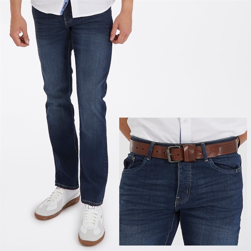Crosshatch Mens Farrowed Stretch Jeans With Belt Dark Wash