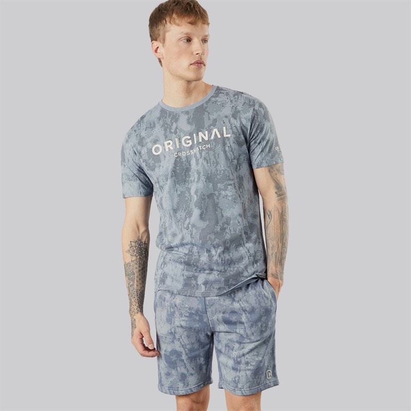 Crosshatch Mens Bardon Camo T-Shirt And Shorts Two Piece Set Steel Blue