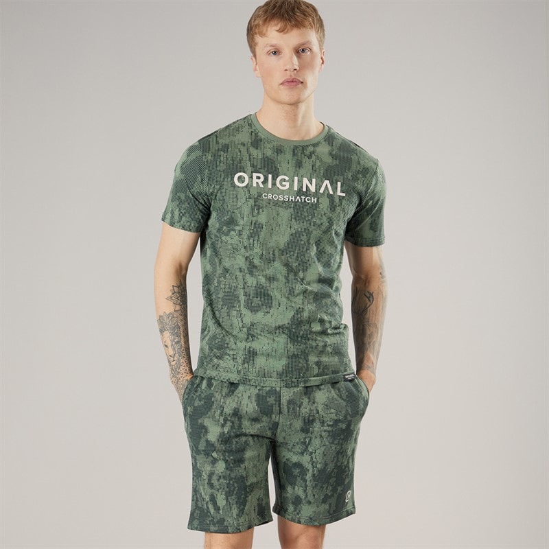 Crosshatch Mens Bardon Camo T-Shirt And Shorts Two Piece Set Olive