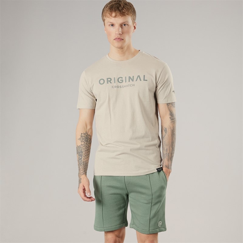 Crosshatch Mens Bardon T-Shirt And Shorts Two Piece Set Light Stone/Olive Lt Stone/Olive