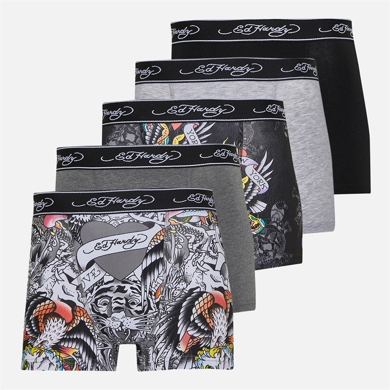 Ed Hardy Mens Harrop Five Pack Boxer Shorts Black AOP/Grey Marl/Black/White AOP/Charcoal Marl Black Aop,Grey Marl,Black,White Aop,Charcoal Marl