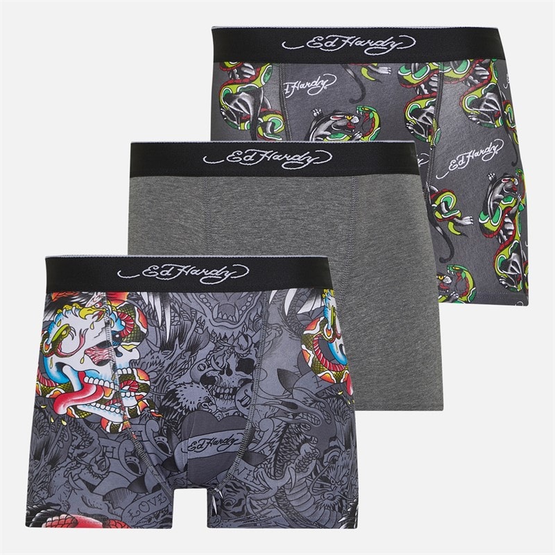 Ed Hardy Mens Venri Three Pack Boxer Shorts Dark Grey AOP/Charcoal