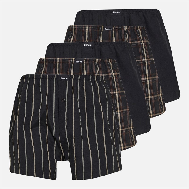 Bench Mens Five Pack Boxers Black Check/Black/Black Stripe/Black/Black Check