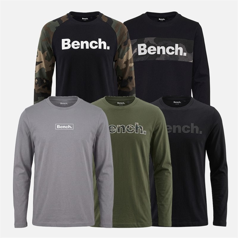 Bench Boys Dinver Five Pack Long Sleeve T-Shirts Circular Grey/Khaki/Black/White/Black And Camo Circular Grey/Khaki/Black/White/Black + Camo