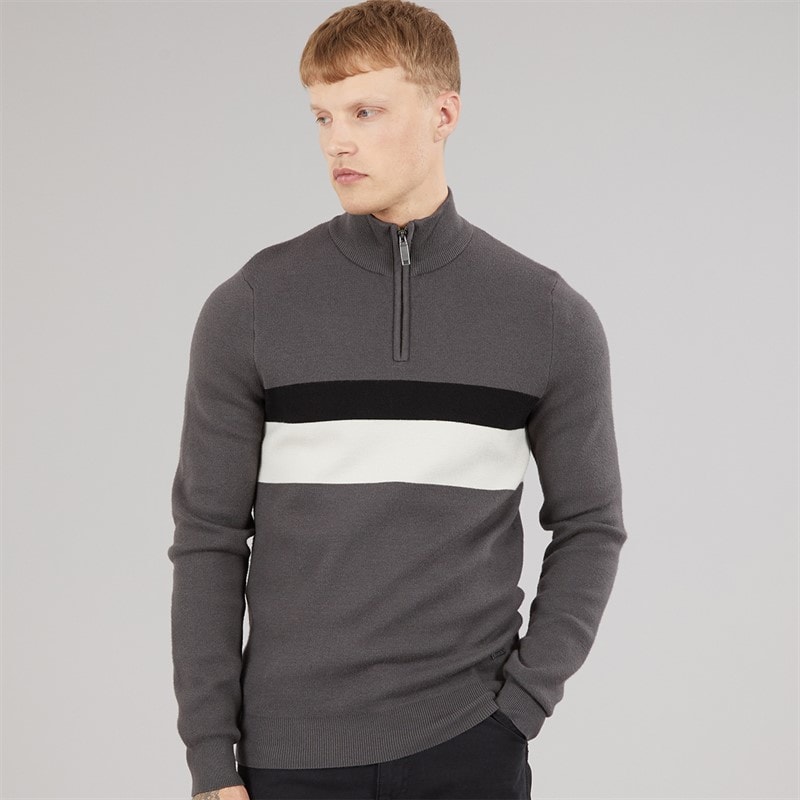 Bench Mens Zabian 1/4 Zip Funnel Neck Knit Jumper Dark Grey Dk Grey
