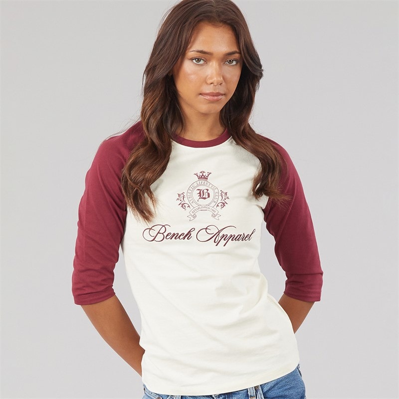 Bench Womens Diah 3/4 Sleeve T-Shirt With Crest Graphic Winter White/Cordovan