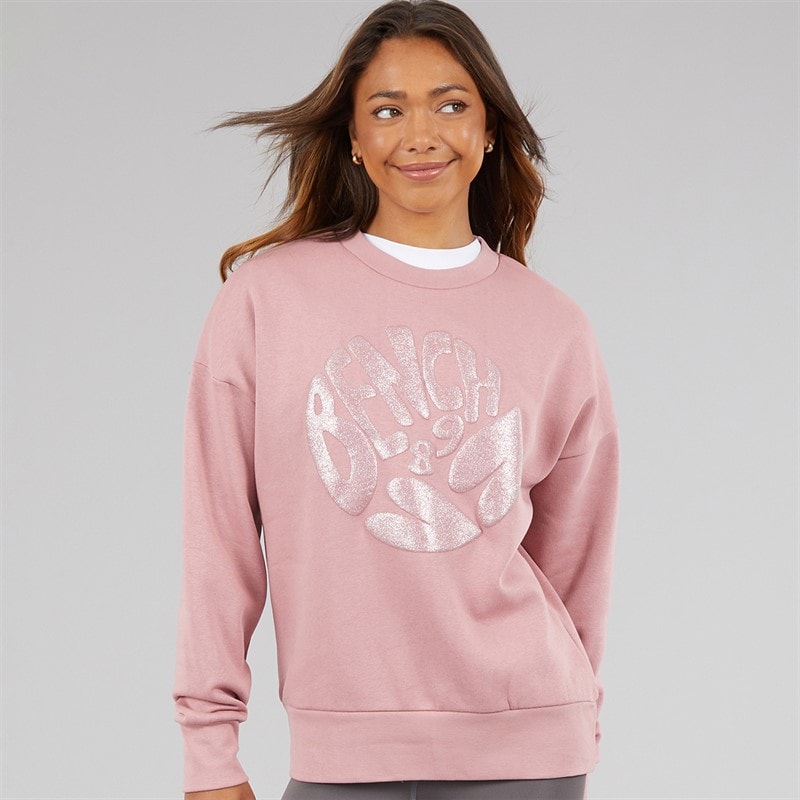 Bench Womens Kaye Crew Sweat With Glitter Graphic Nostalgic Pink