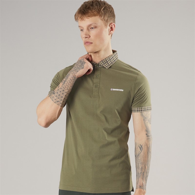 Lambretta Mens Gingham Collar Polo Shirt Khaki