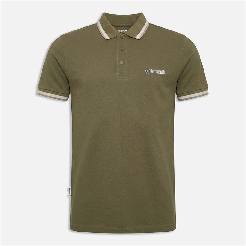 Lambretta Mens Twin Tipped Polo Shirt Khaki Aqua/Silver/Cashew