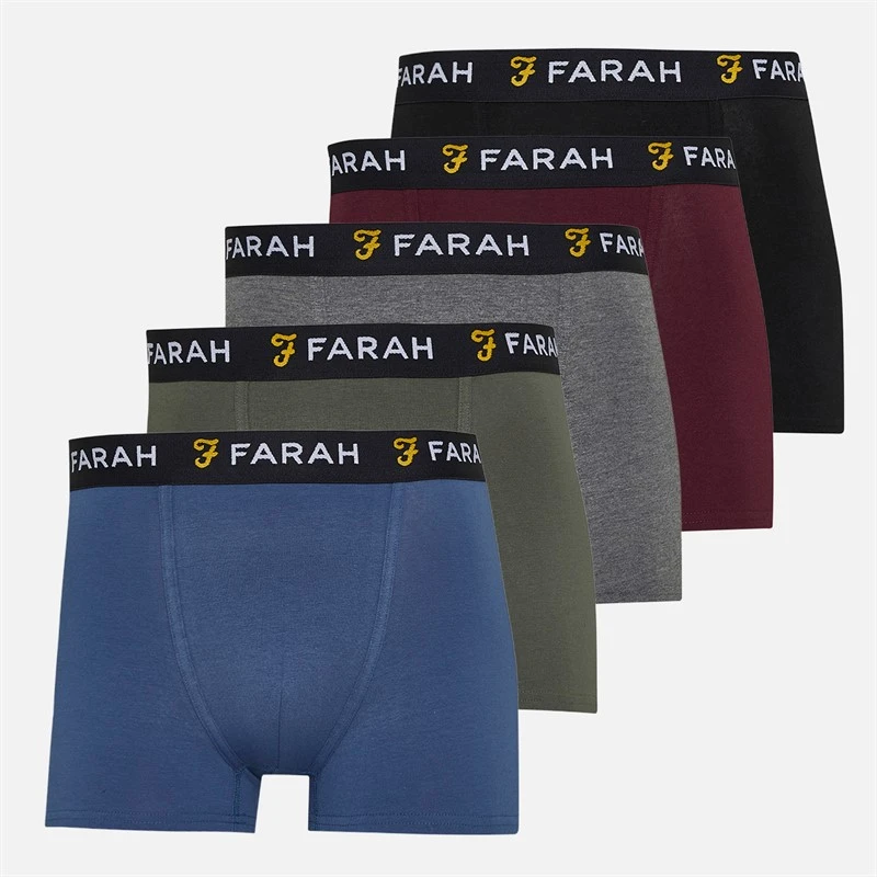Farah Mens Wier Five Pack Boxer Shorts Black/Rosemary/Cold Metal/Bordeaux/Charcoal Marl Black,Rosemary,Cold Metal,Bordeaux, Charcoal Marl
