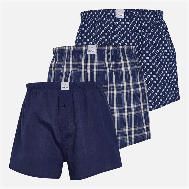 Farah Mens Minet Three Pack Woven Boxer Shorts Navy Blue Check/Navy/Navy Blue Check