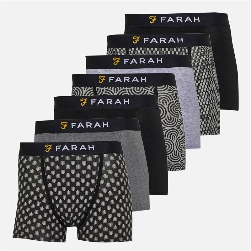 Farah Mens Kirkdale Seven Pack Boxer Shorts Black/AOP/Charcoal Marl/AOP/Black/Grey Marl/AOP Black,Aop,Charcoal Marl,Aop,Black,Grey Marl,Aop