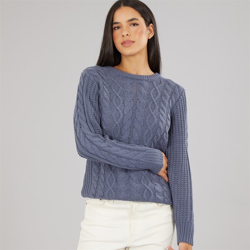 Board Angels Womens Cable Knit Sweater Denim Blue