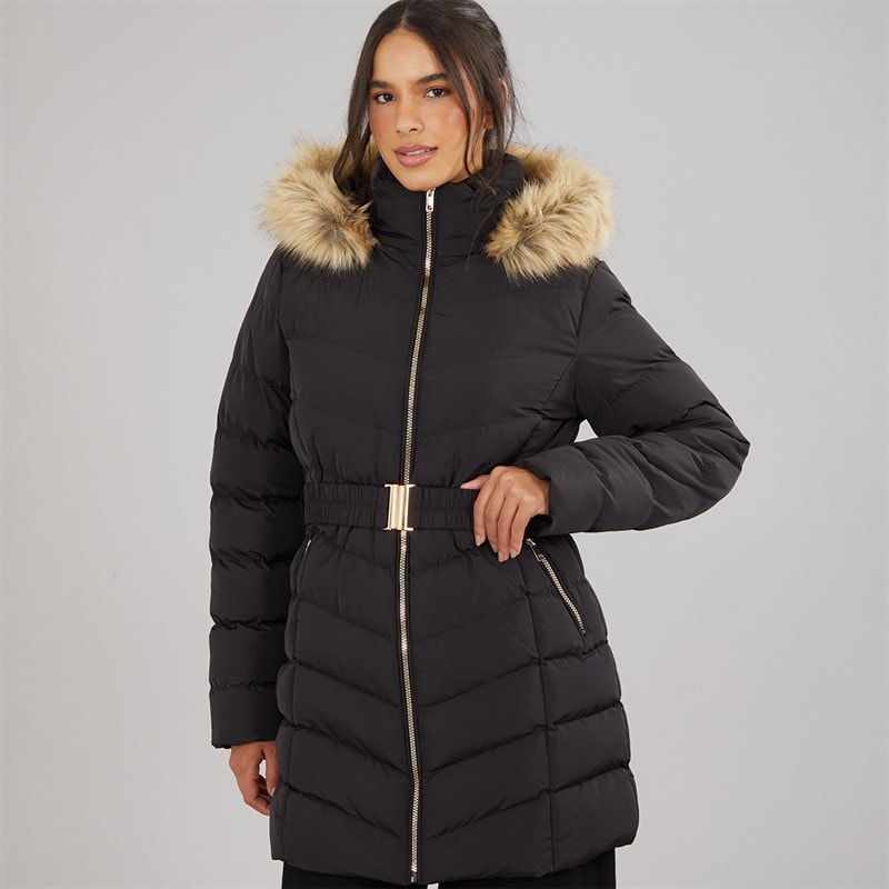 Board Angels Womens Belted Jacket With Faux Fur Trim Hood Black