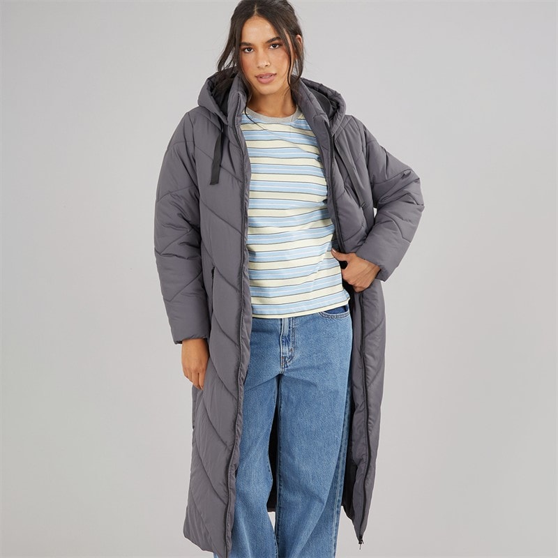 Board Angels Womens Maxi Chevron Puffer Coat Dark Charcoal