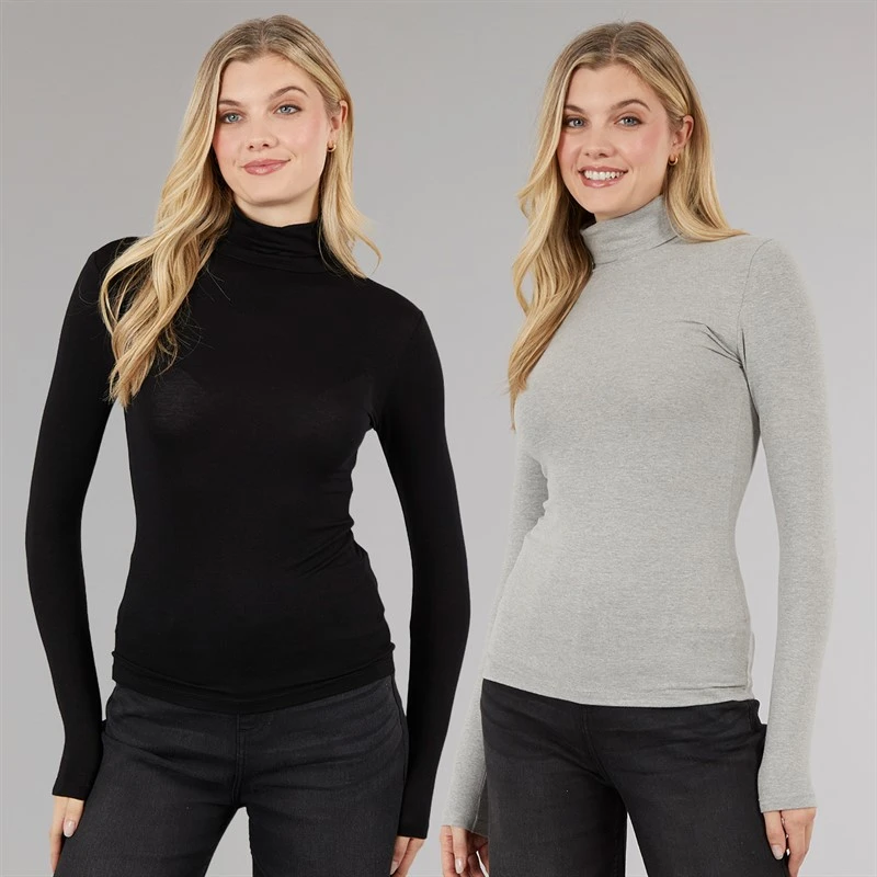Board Angels Womens Roll Neck Plain Two Pack Grey Marl/Black