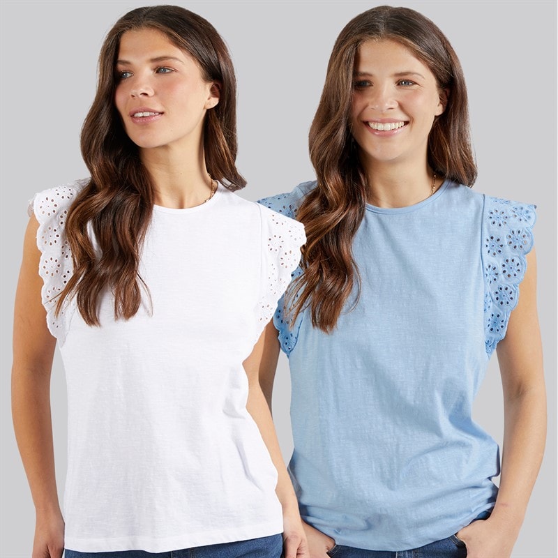 Board Angels Womens Broderie Anglaise Two Pack T-Shirts White/Blue