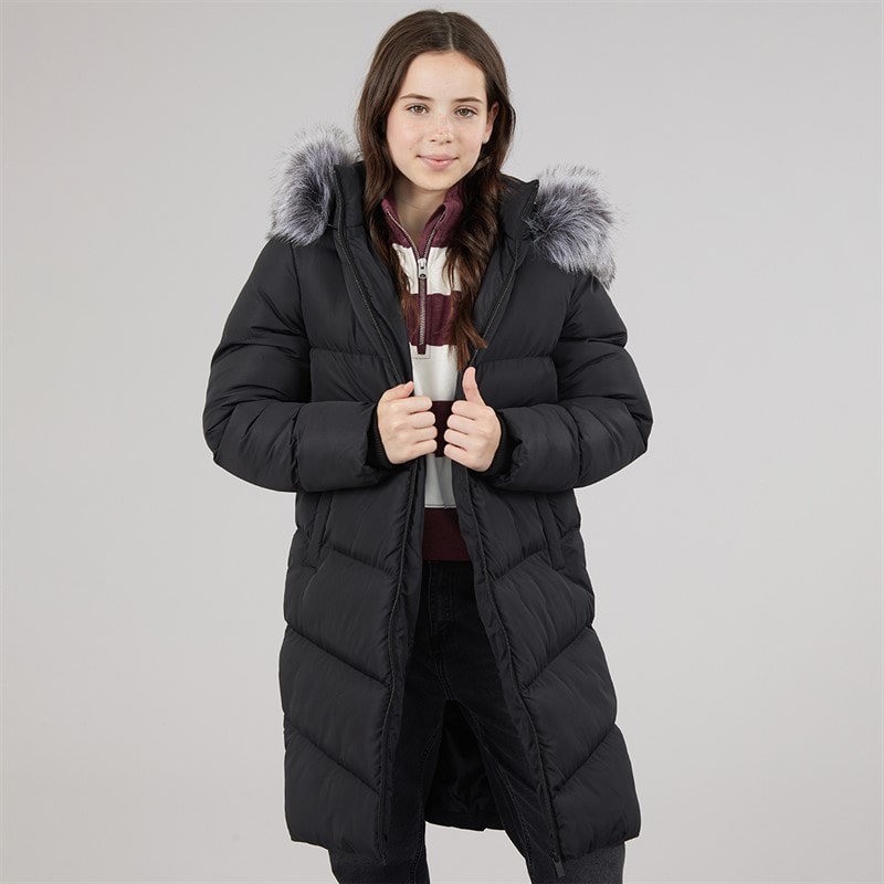 Board Angels Girls Long Puffer Coat With Faux Fur Hood Black