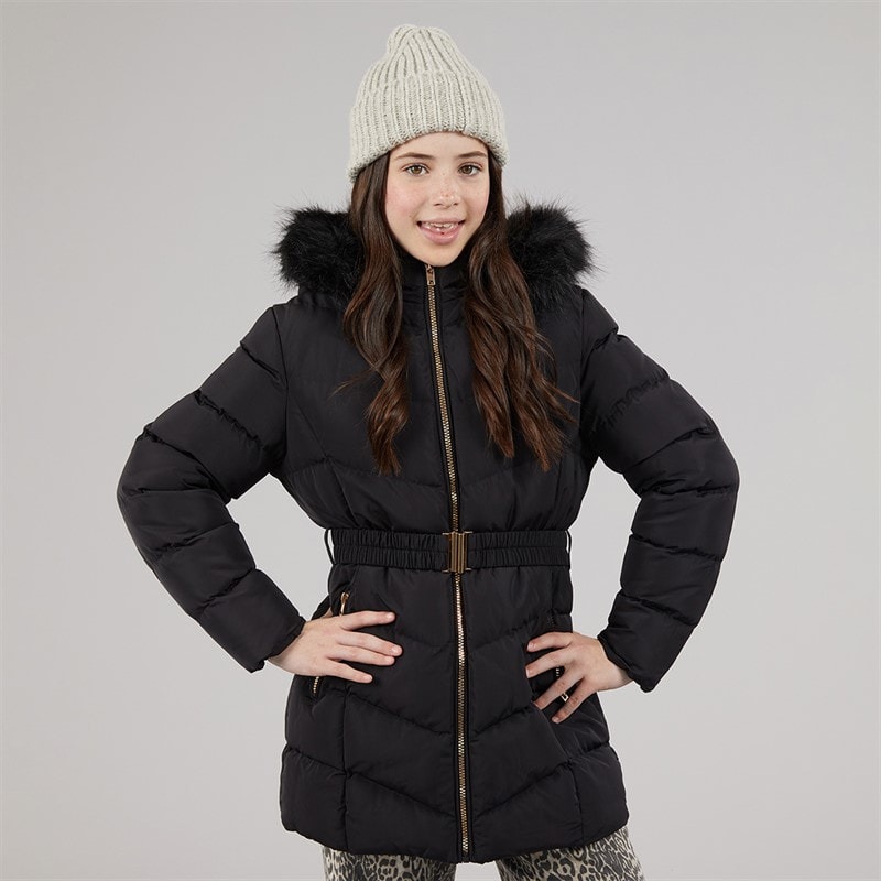 Board Angels Girls Belted Jacket With Faux Fur Hood Black