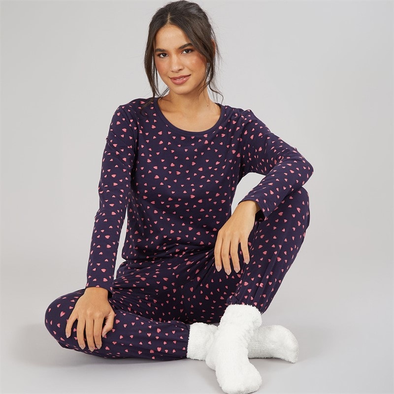 Board Angels Womens Heart Jersey Long Sleeved Pyjama Set Navy/Hearts Scatter